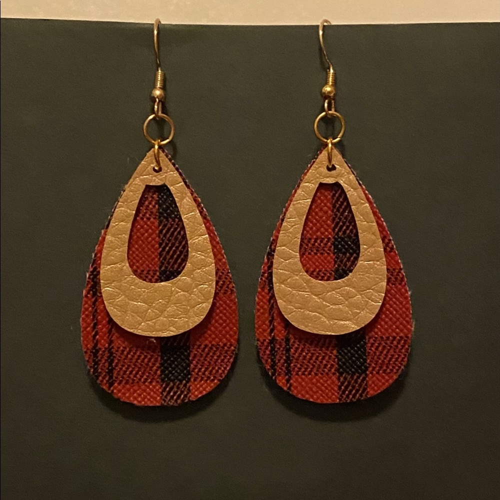 Handmade Faux Leather Earrings- Gold & Red Plaid